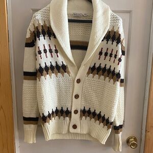 Landmark men’s Cream,Brown , and black VTG Patterned Cardigan